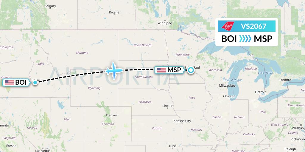 VS2067 Virgin Atlantic Airways Flight Map: Boise to Minneapolis