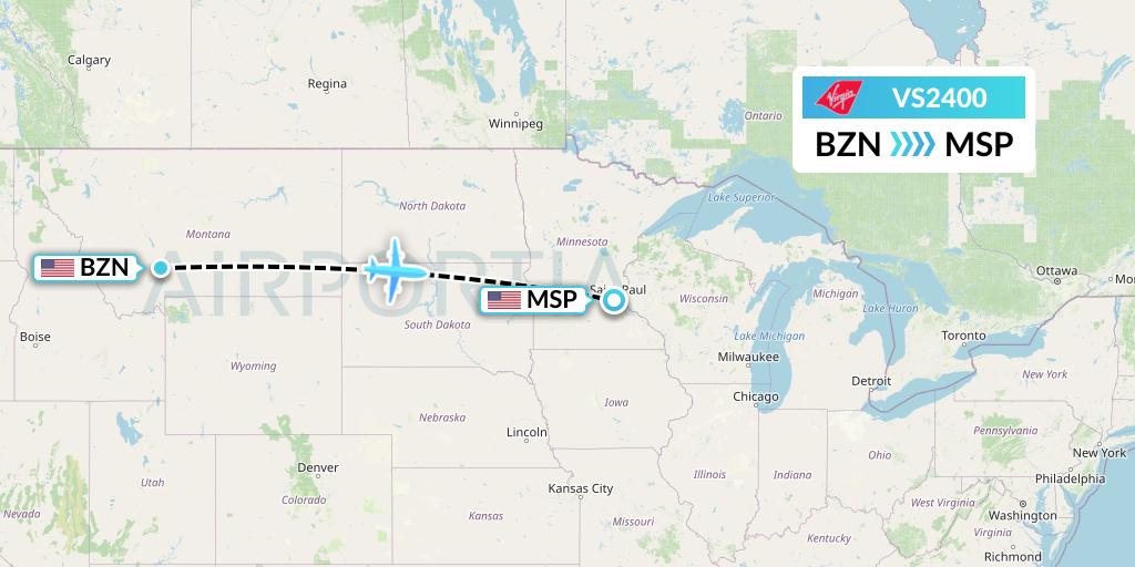 VS2400 Virgin Atlantic Airways Flight Map: Bozeman to Minneapolis