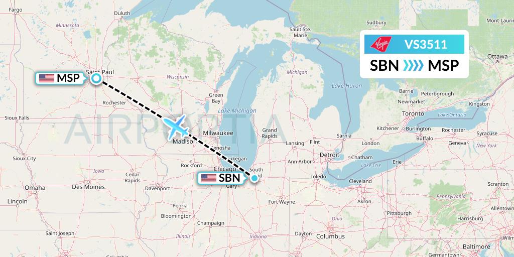 VS3511 Virgin Atlantic Airways Flight Map: South Bend to Minneapolis