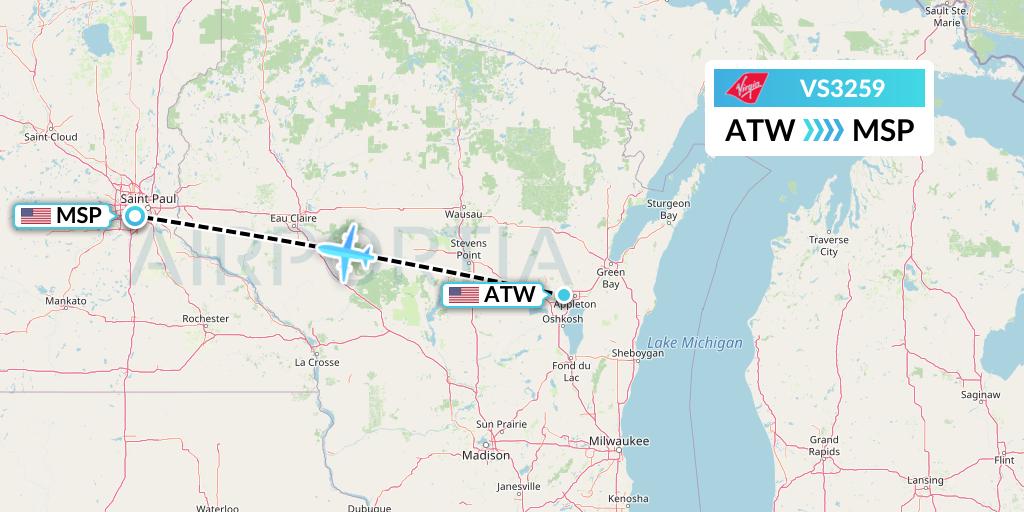 VS3259 Virgin Atlantic Airways Flight Map: Appleton to Minneapolis