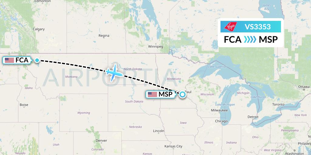 VS3353 Virgin Atlantic Airways Flight Map: Kalispell to Minneapolis