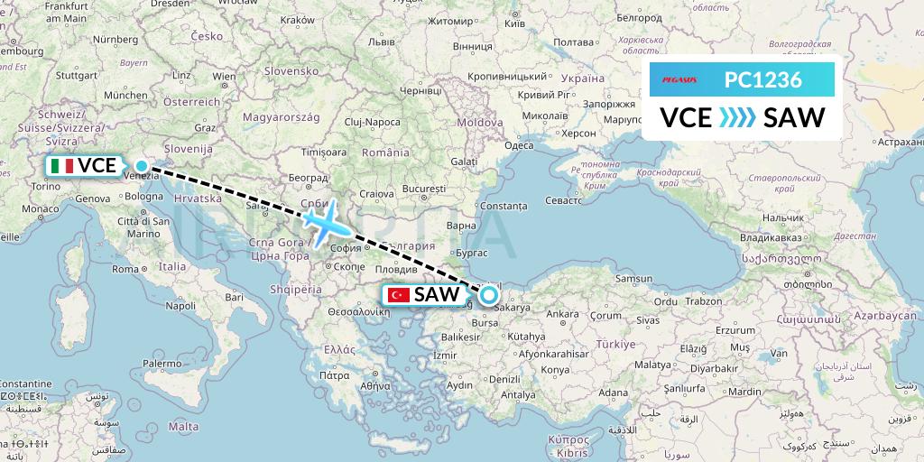 PC1236 Pegasus Airlines Flight Map: Venice to Istanbul