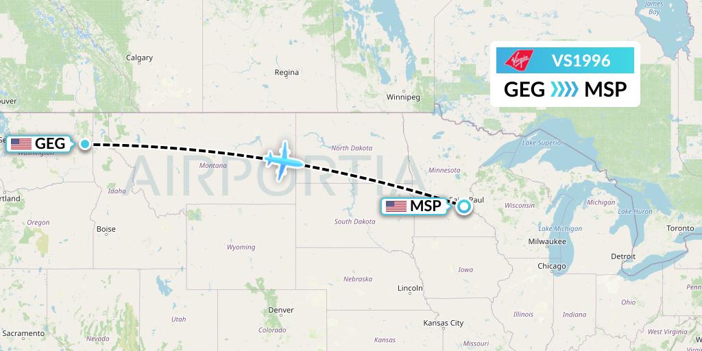 VS1996 Virgin Atlantic Airways Flight Map: Spokane to Minneapolis