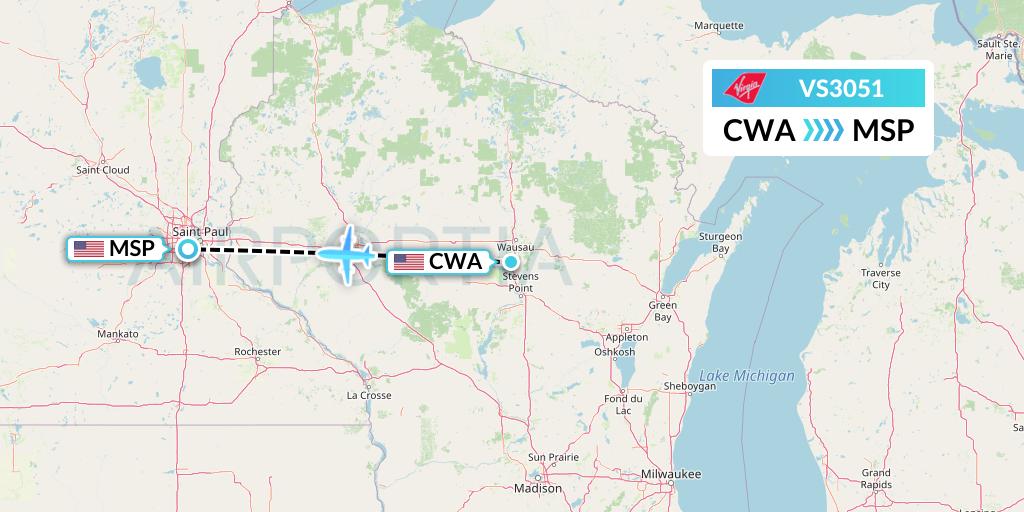 VS3051 Virgin Atlantic Airways Flight Map: Wausau to Minneapolis