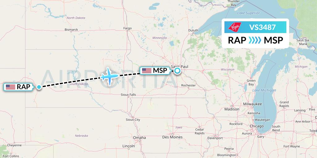 VS3487 Virgin Atlantic Airways Flight Map: Rapid City to Minneapolis
