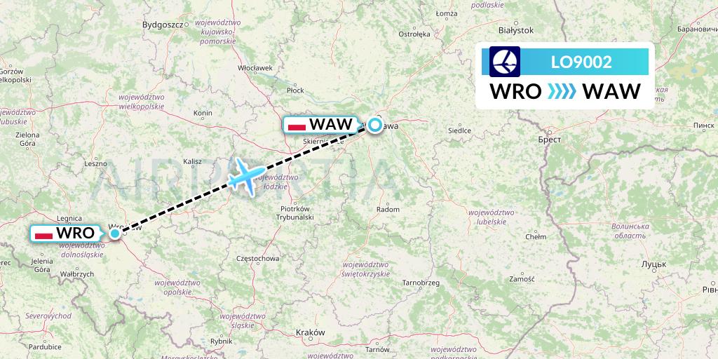 LO9002 LOT Flight Map: Wroclaw to Warsaw