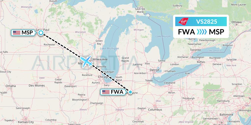 VS2825 Virgin Atlantic Airways Flight Map: Fort Wayne to Minneapolis