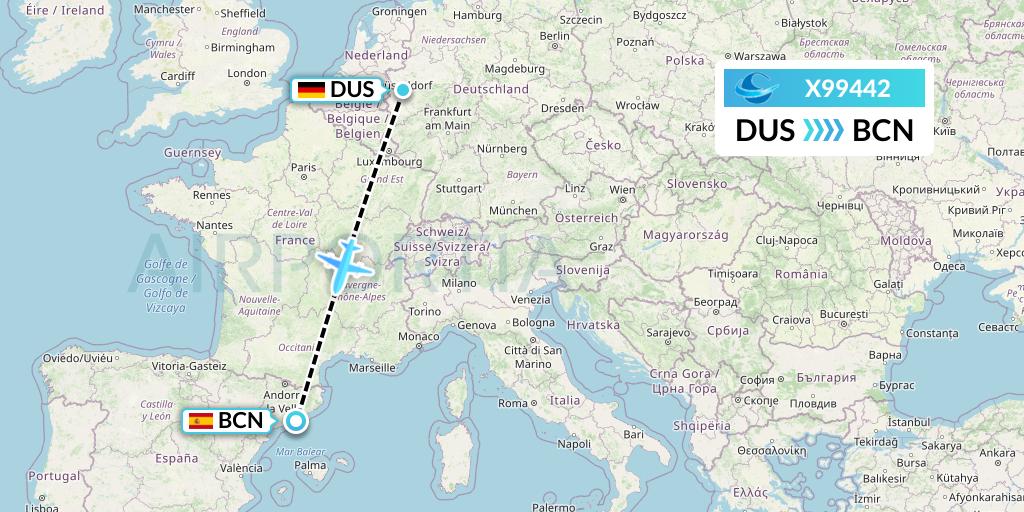 X99442 Avion Express Flight Map: Dusseldorf to Barcelona
