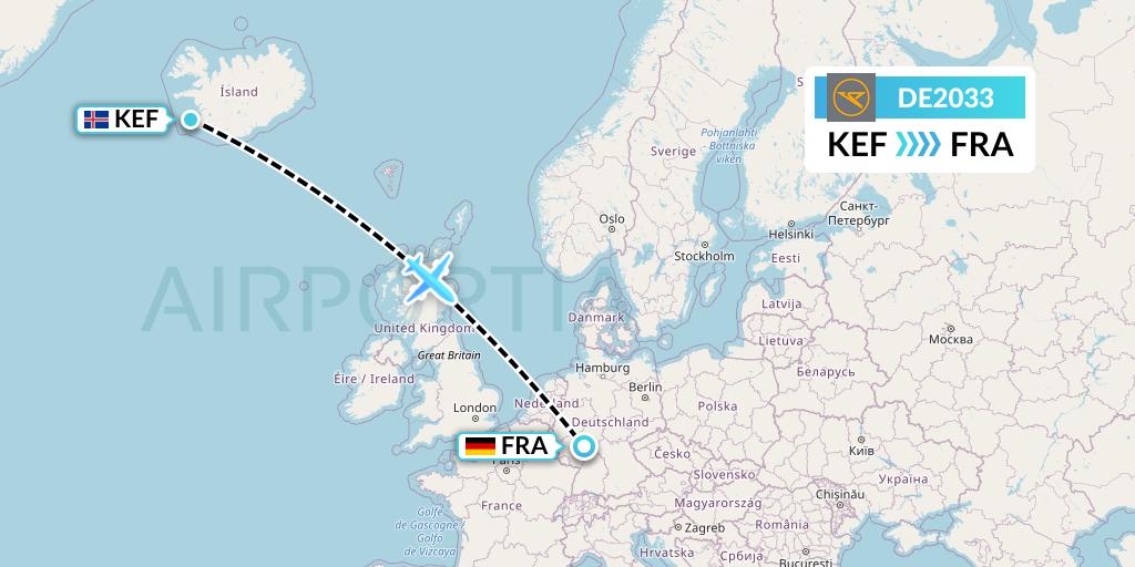 DE2033 Condor Flight Map: Reykjavik to Frankfurt