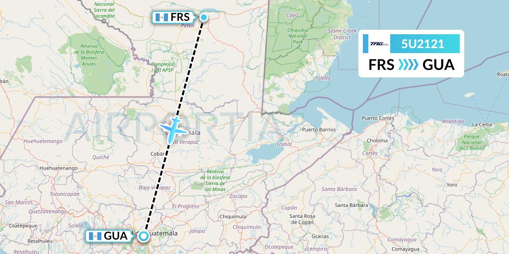 5U2121 TAG Airlines Flight Map: Flores to Guatemala City