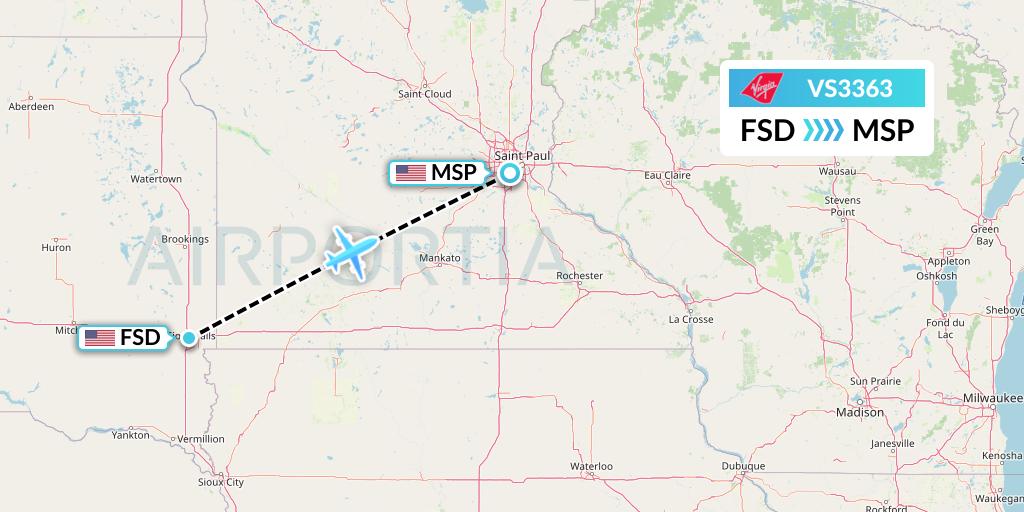 VS3363 Virgin Atlantic Airways Flight Map: Sioux Falls to Minneapolis