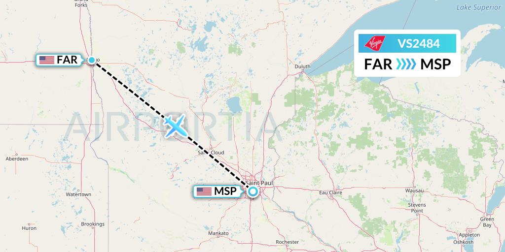 VS2484 Virgin Atlantic Airways Flight Map: Fargo to Minneapolis