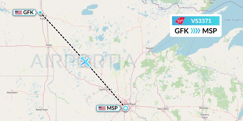 VS3371 Virgin Atlantic Airways Flight Map: Grand Forks to Minneapolis