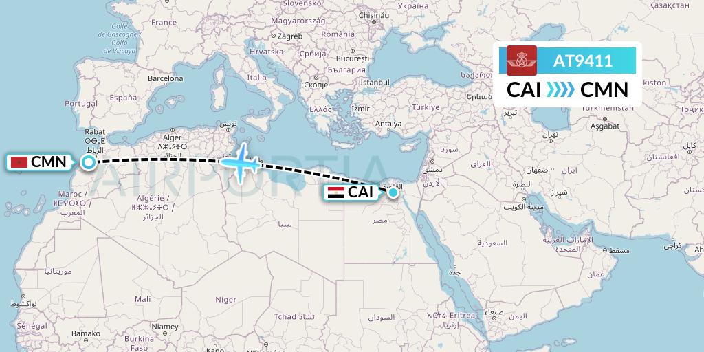 AT9411 Royal Air Maroc Flight Map: Cairo to Casablanca