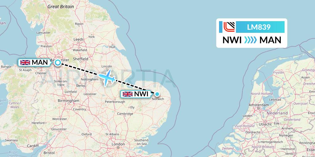 LM839 Loganair Flight Map: Norwich to Manchester