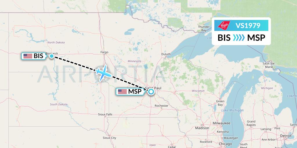 VS1979 Virgin Atlantic Airways Flight Map: Bismarck to Minneapolis