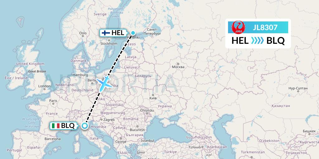 JL8307 Japan Airlines Flight Map: Helsinki to Bologna