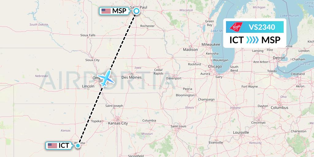 VS2340 Virgin Atlantic Airways Flight Map: Wichita to Minneapolis