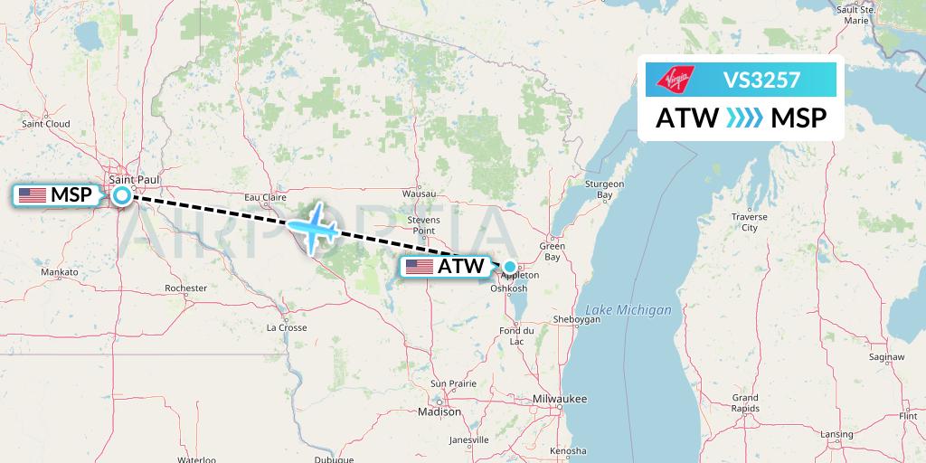 VS3257 Virgin Atlantic Airways Flight Map: Appleton to Minneapolis