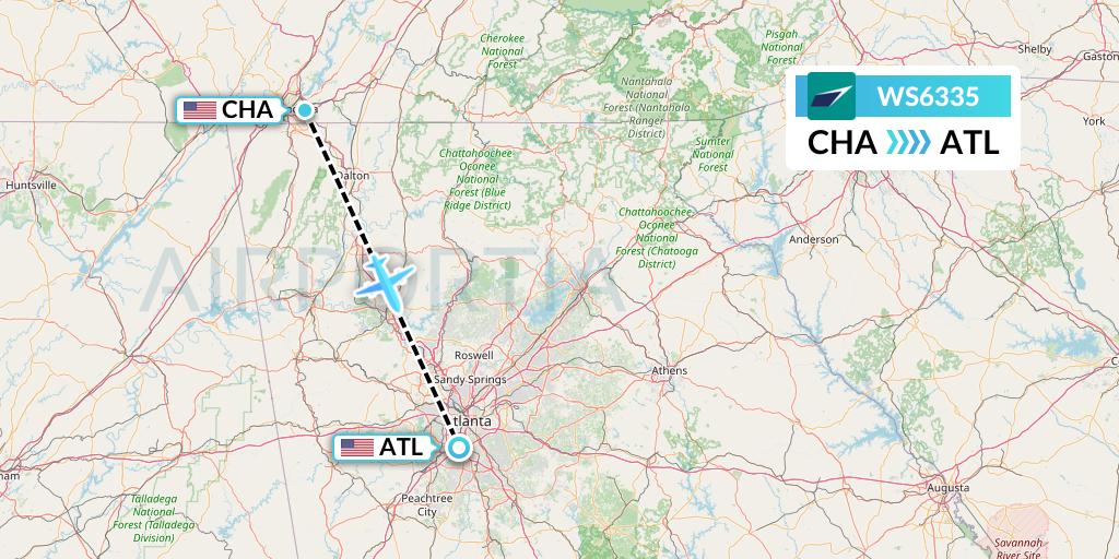 WS6335 WestJet Flight Map: Chattanooga to Atlanta