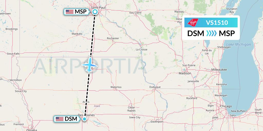 VS1510 Virgin Atlantic Airways Flight Map: Des Moines to Minneapolis