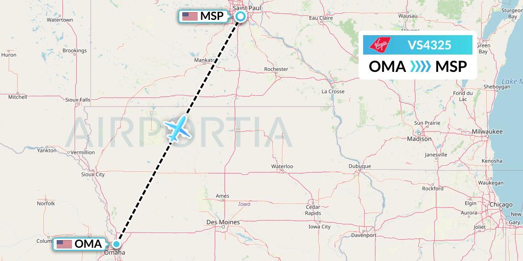 VS4325 Virgin Atlantic Airways Flight Map: Omaha to Minneapolis