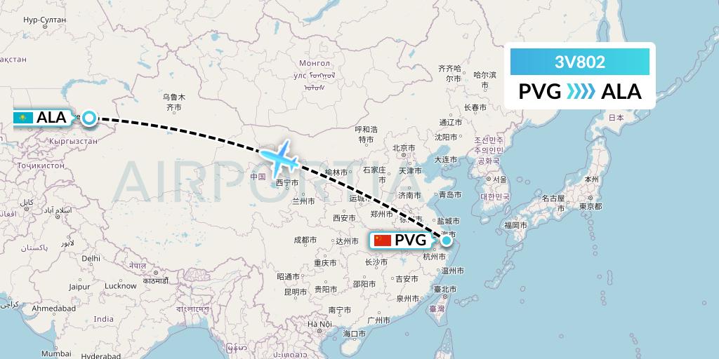 3V802 ASL Airlines Belgium Flight Map: Shanghai to Almaty