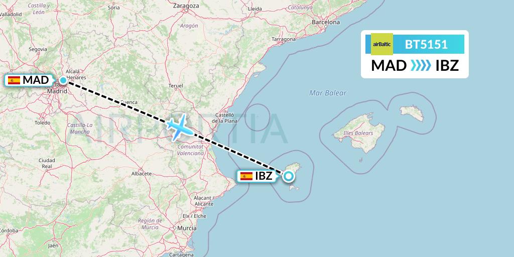 BT5151 Air Baltic Flight Map: Madrid to Ibiza