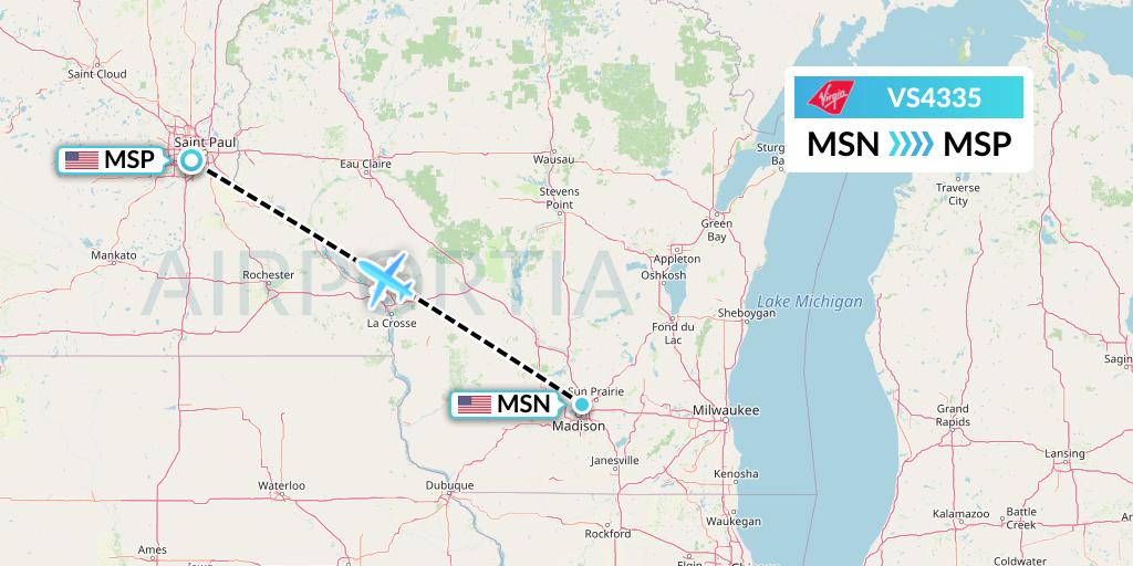 VS4335 Virgin Atlantic Airways Flight Map: Madison to Minneapolis