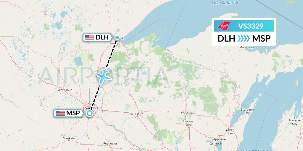 VS3329 Virgin Atlantic Airways Flight Map: Duluth to Minneapolis