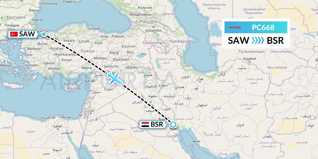 PC668 Pegasus Airlines Flight Map: Istanbul to Basra