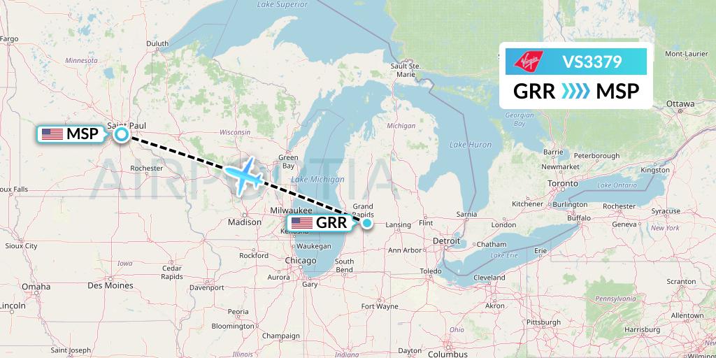 VS3379 Virgin Atlantic Airways Flight Map: Grand Rapids to Minneapolis