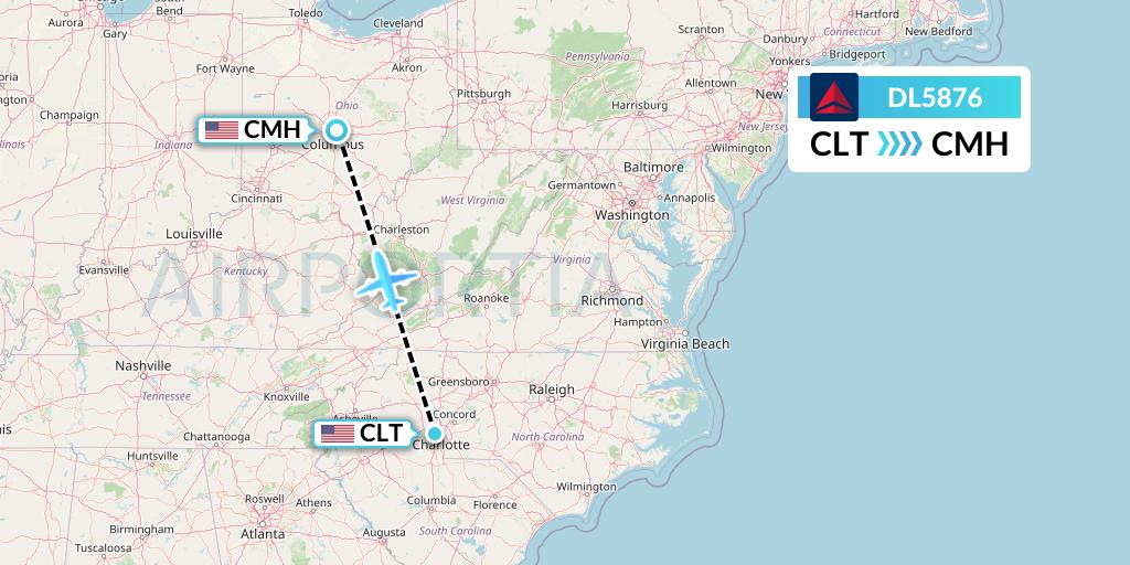DL5876 Delta Air Lines Flight Map: Charlotte to Columbus