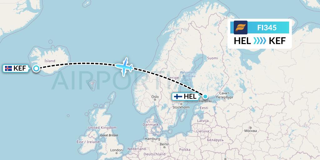 FI345 Icelandair Flight Map: Helsinki to Reykjavik