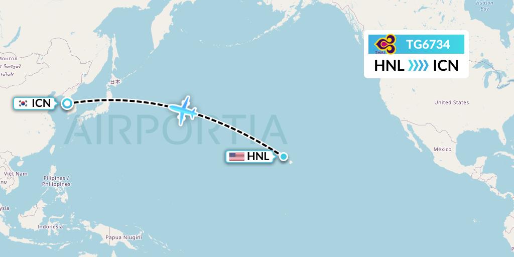TG6734 Thai Airways Flight Map: Honolulu to Seoul