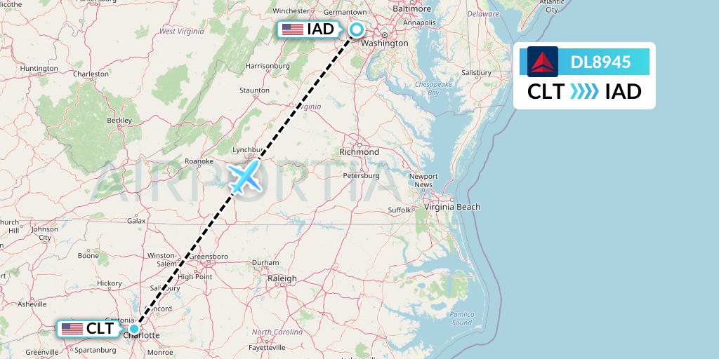 DL8945 Delta Air Lines Flight Map: Charlotte to Washington