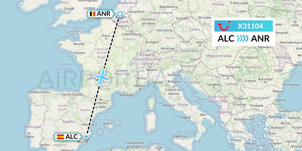 X31104 TUI fly Germany Flight Map: Alicante to Antwerp