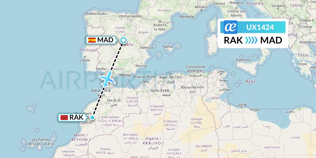 UX1424 Air Europa Flight Map: Marrakesh to Madrid