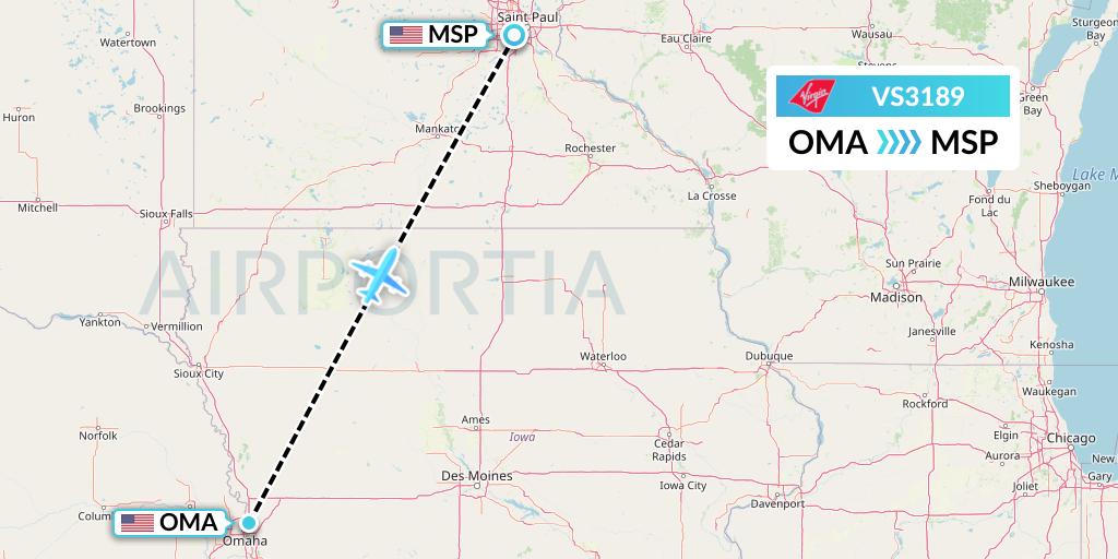 VS3189 Virgin Atlantic Airways Flight Map: Omaha to Minneapolis