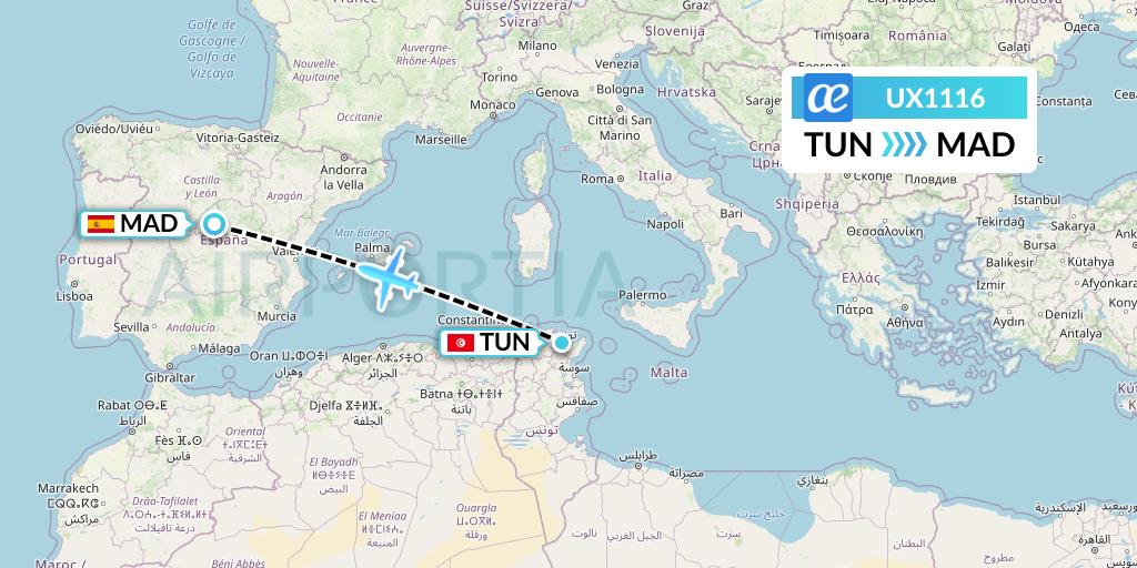 UX1116 Air Europa Flight Map: Tunis to Madrid