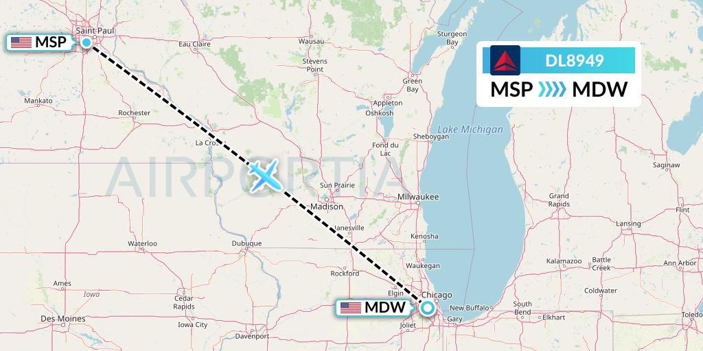 DL8949 Delta Air Lines Flight Map: Minneapolis to Chicago