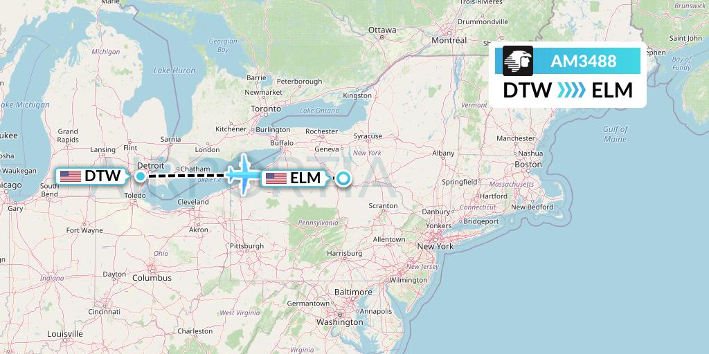 AM3488 Aeromexico Flight Map: Detroit to Elmira