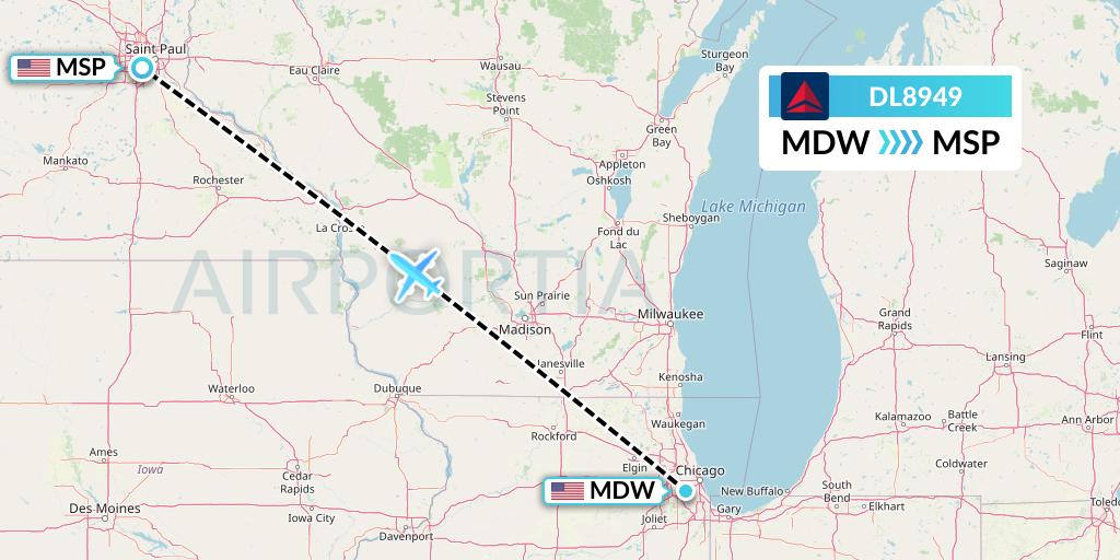 DL8949 Delta Air Lines Flight Map: Chicago to Minneapolis