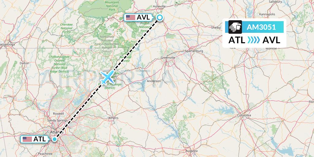 AM3051 Aeromexico Flight Map: Atlanta to Asheville