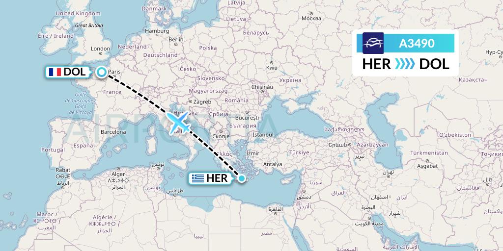 A3490 Aegean Airlines Flight Map: Heraklion to Deauville