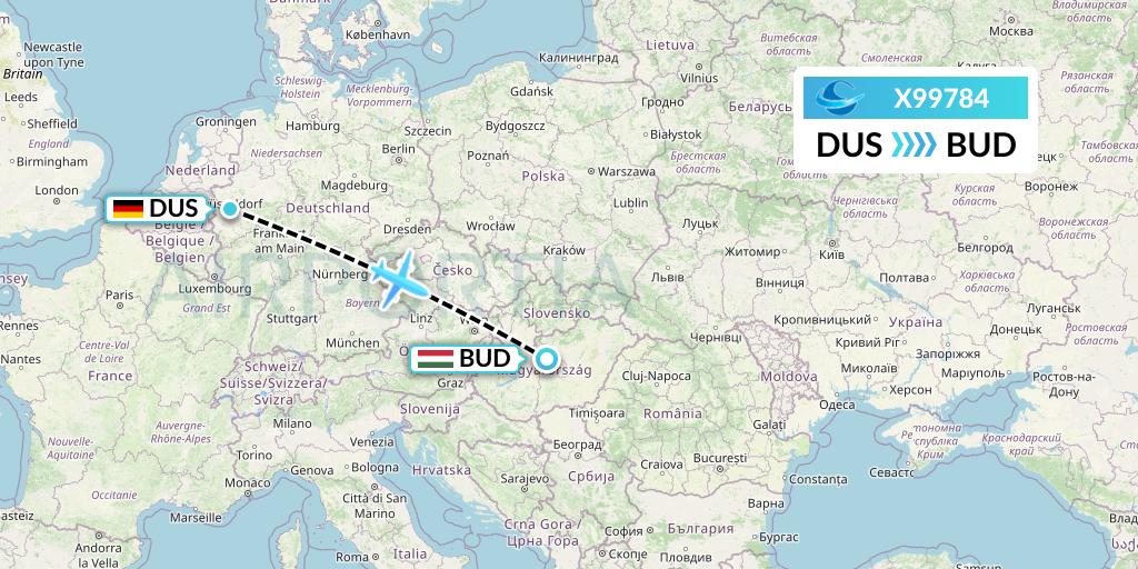 X99784 Avion Express Flight Map: Dusseldorf to Budapest