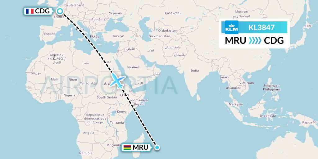 KL3847 KLM Flight Map: Port Louis to Paris