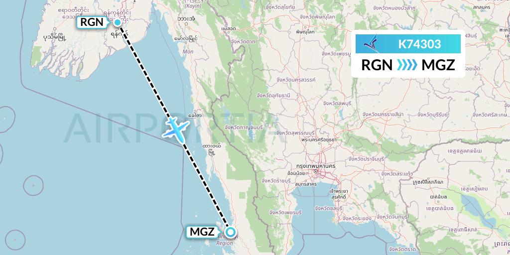 K74303 Air KBZ Flight Map: Yangon to Myeik