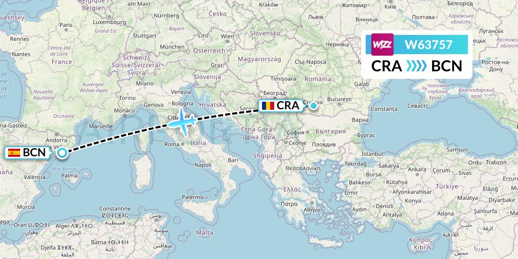 W63757 Wizz Air Flight Map: Craiova to Barcelona