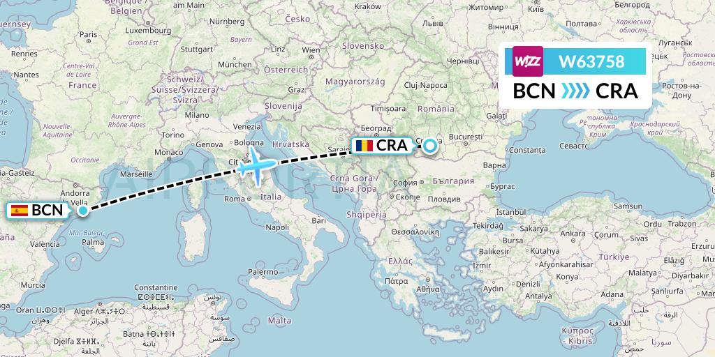 W63758 Wizz Air Flight Map: Barcelona to Craiova